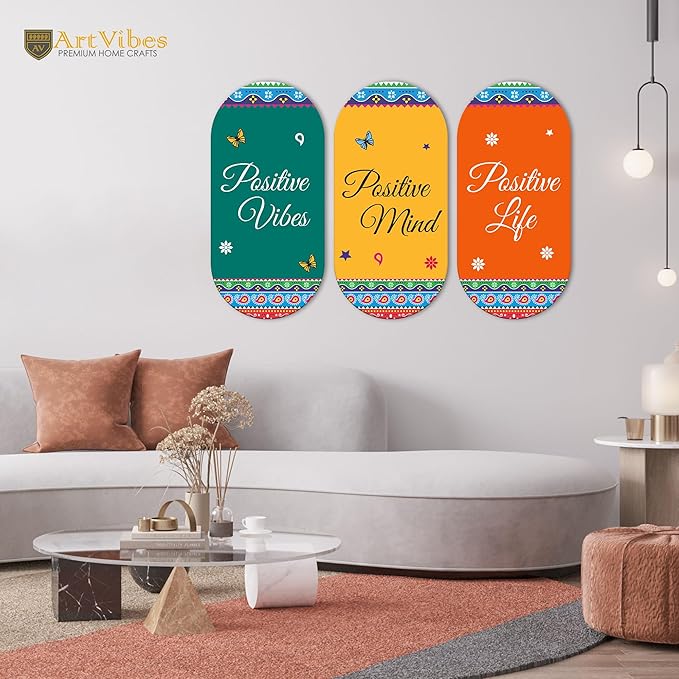 Artvibes Positive Quotes Printed Wooden Wall Hanger for Home | Modern Decoration Items | Artworks | Set of 3