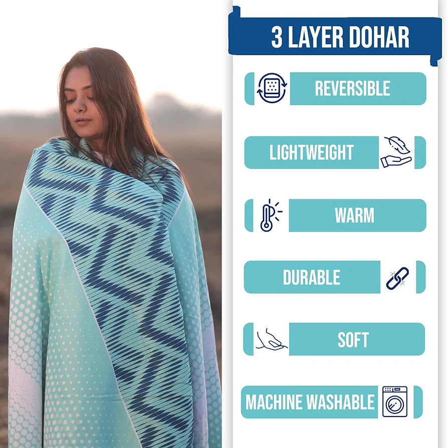 Divine Casa 120 GSM Microfiber Double Dohar Soft & Lightweight Throw Blanket Chevron Pattern Colour Aqua Chevron