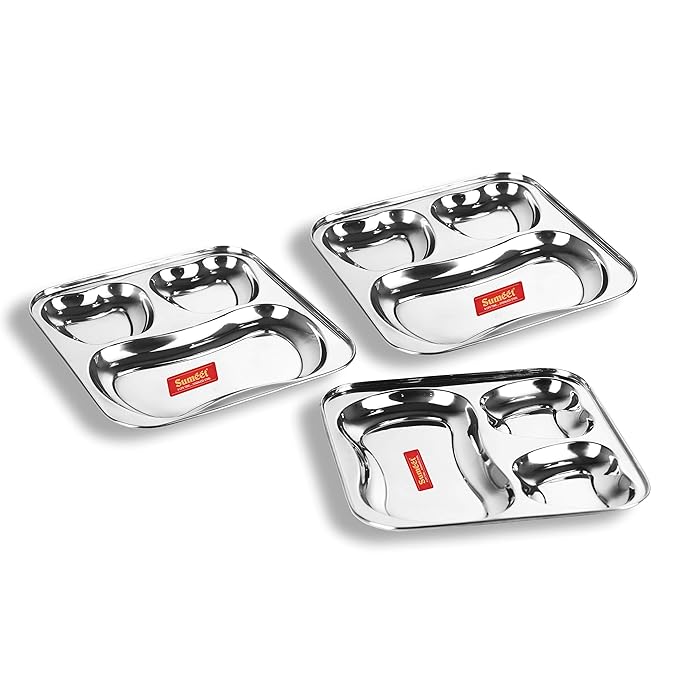 Sumeet Stainless Steel 3 in 1 Pav Bhaji Big Plate 24.5cm Set of 3pc