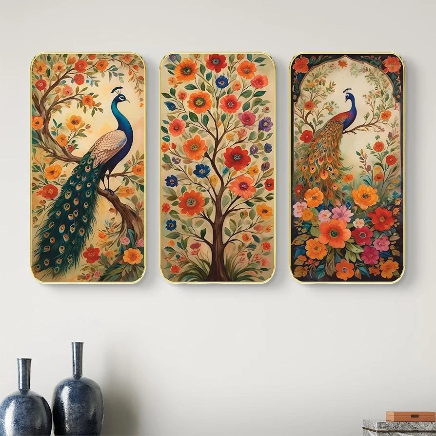 Livin'luxe Set of 3 Peacock Modern Art Boho Painting Premium Framed Laminated Wall Paintings SP-22