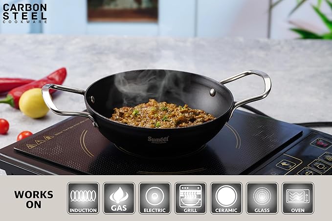 Sumeet Super Smooth Pre Seasoned Carbon Steel (Iron) Deep Kadai 20cm |1250ml Black