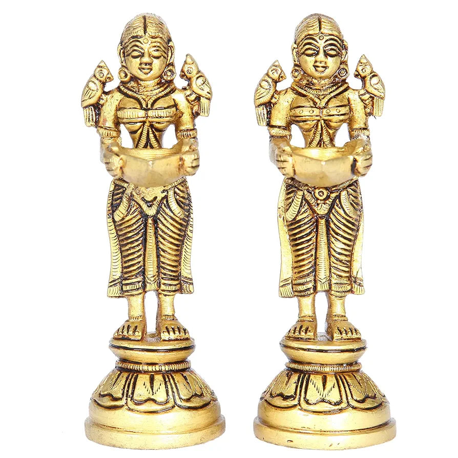anciently Paavai Vilakku in Brass | Pavai Vilakku Pair Brass | Deep Lakshmi Pair Brass, Gold Colour, 2 Pieces 