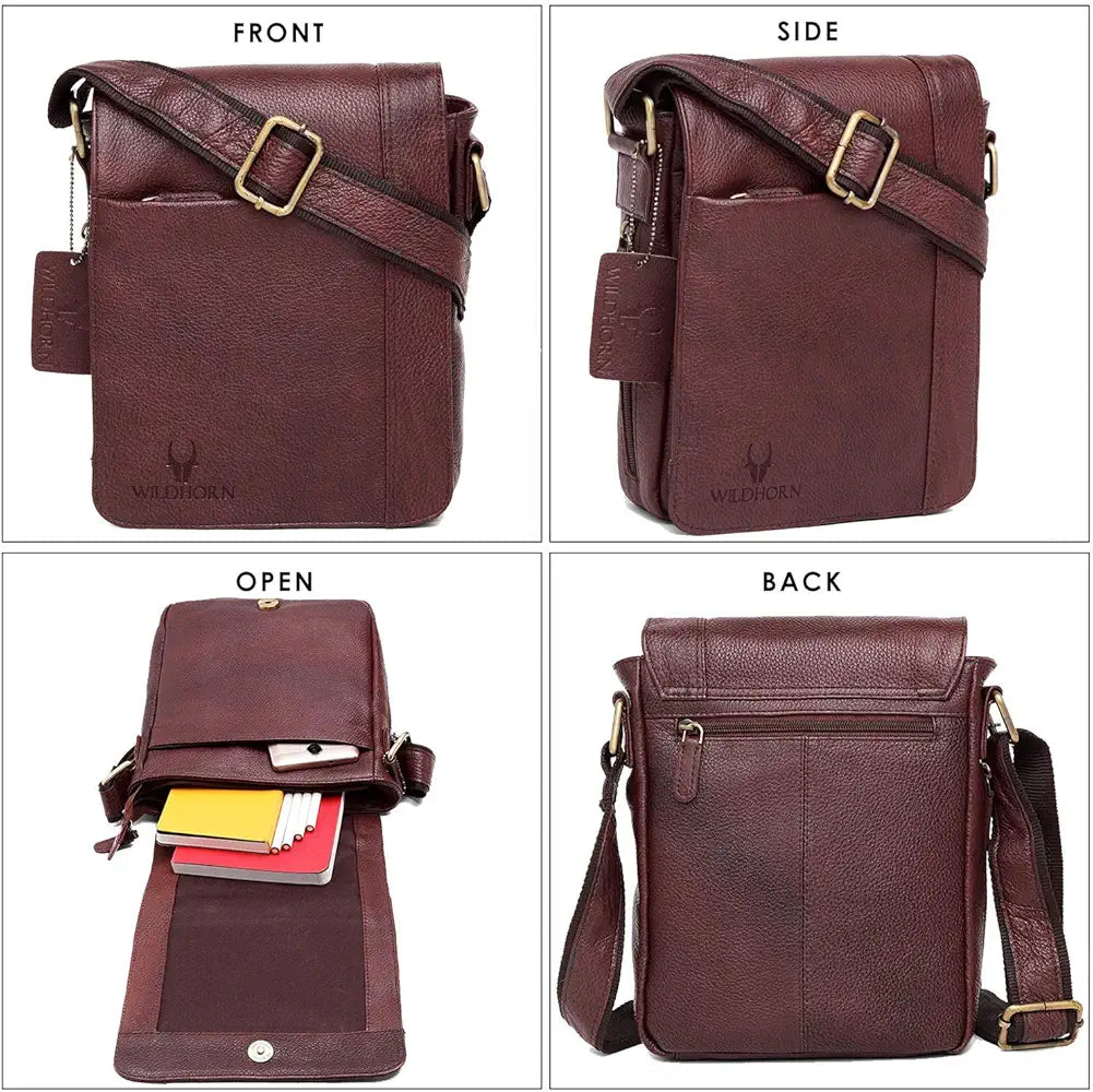 WildHorn Leather 8.5 inch Sling Messenger Bag for Men I Multipurpose Crossbody Bag I Travel Bag with Adjustable Strap I DIMENSION: L- 8.5inch H- 10.5inch W- 3inch