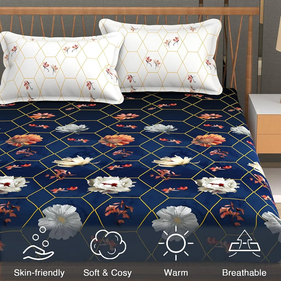 Fresh From Loom Floral Microfiber Cotton Bedsheet for Double Bed 240 TC King Size Soft Bed Sheet with 2 Pillow Cover Hexagon Royal Blue