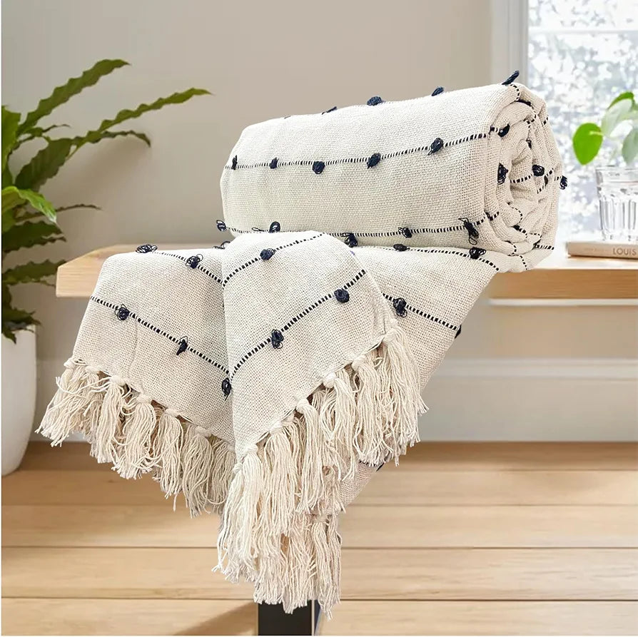 Sajavat Home Hand Knitted Pure Cotton 3 Seater Sofa Throw Colour Beige & Black