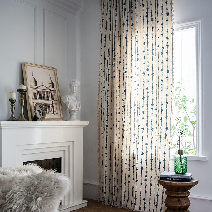 Huesland Cotton Curtains for Door, 7 Feet Long 1 Bohemian Eyelet Curtain | Blue Vertical Stripes