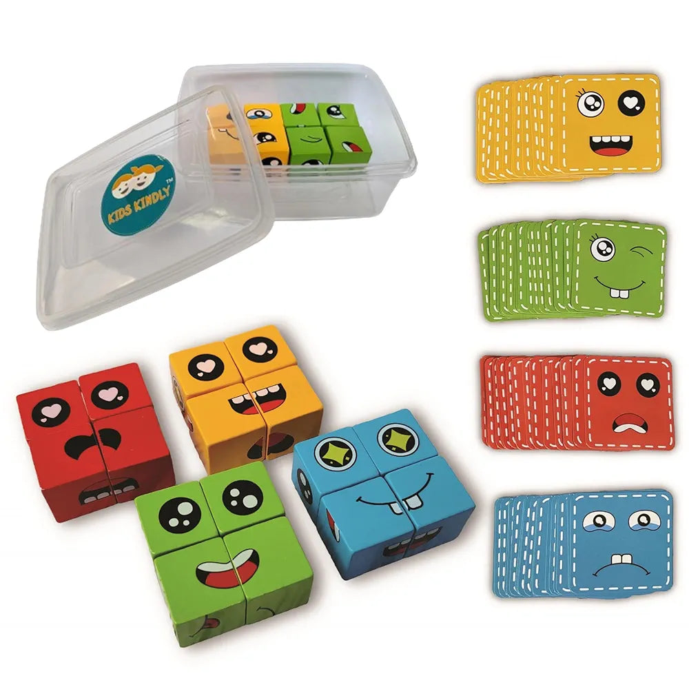 KIDS KINDLY Wooden Face Puzzle Game for Kids Age 3+, Emoji Expression Matching Toy with 16 Blocks & 72 Cards, Fun Indoor Puzzle for Boys and Girls, Educational Games & Gifts 