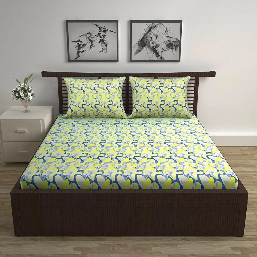 Divine Casa 144 TC Pure Cotton Double Bed Bedsheet with 2 Pillow Covers Mosaic Bloom Colour Yellow Blue
