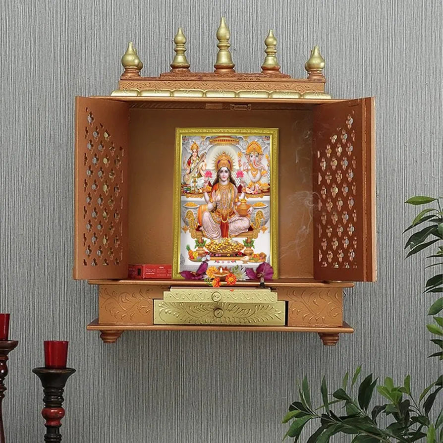 Lifehaxtore Lakshmi With Ganesha and Saraswati Photo Painting with Golden Frame for Temple - Model 2