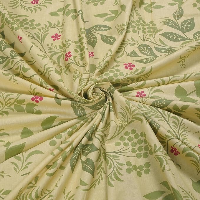 Huesland by Ahmedabad Cotton 144 TC King Size Bedsheet Cotton with 2 Pillow Covers | Botanical Bliss | Vanilla & Green