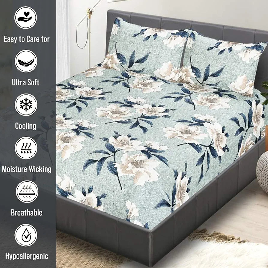 Fresh From Loom Microfiber Bedsheet For Double Size Bed Floral Design Bed Spread With 2 Pillow Covers 144 TC Sea green