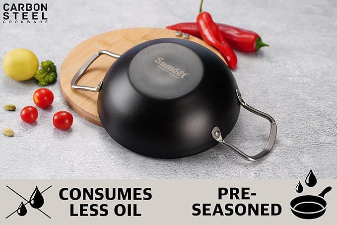 Sumeet Super Smooth Pre Seasoned Carbon Steel (Iron) Deep Kadai 20cm |1250ml Black