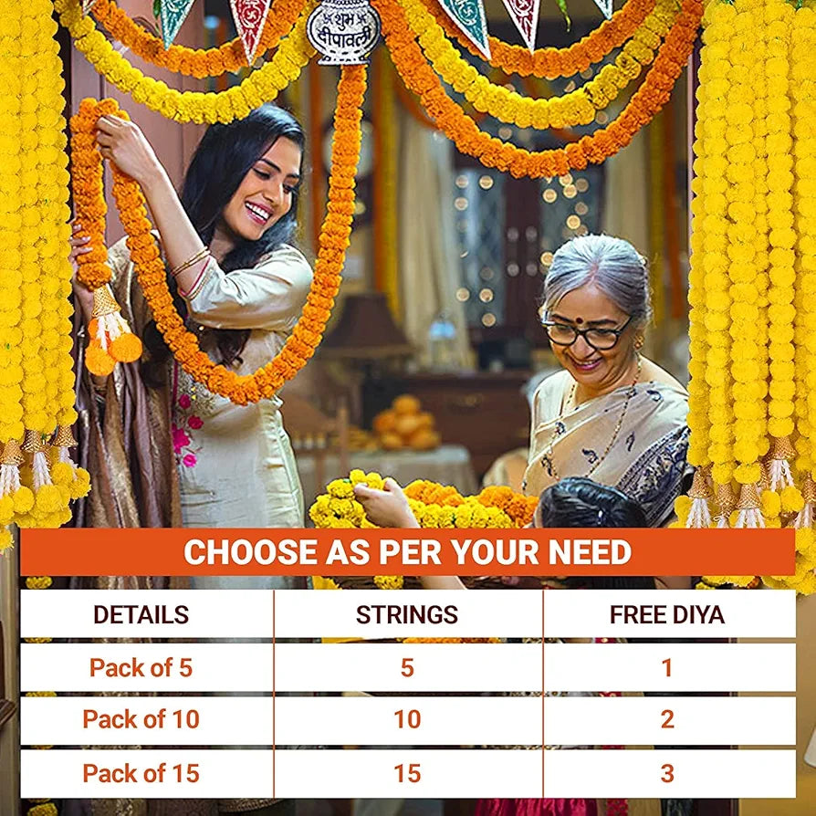 Artificial Marigold Flowers For Decoration Garland With Bell 5 Feet Long 5 Pcs With 1 Diya 5 Centimeters Yellow-Bell