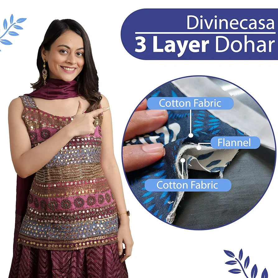 Divine Casa Floret 100% Cotton Double Dohar 120 GSM Soft & Lightweight Throw Blanket Colour Dazzling Blue