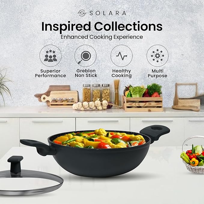 Solara Non Stick Kadai With Lid 24 Cm, Induction Kadai, Granite Stone Kadhai With Glass Lid, Biryani Pot, 2.4 Litres | Black