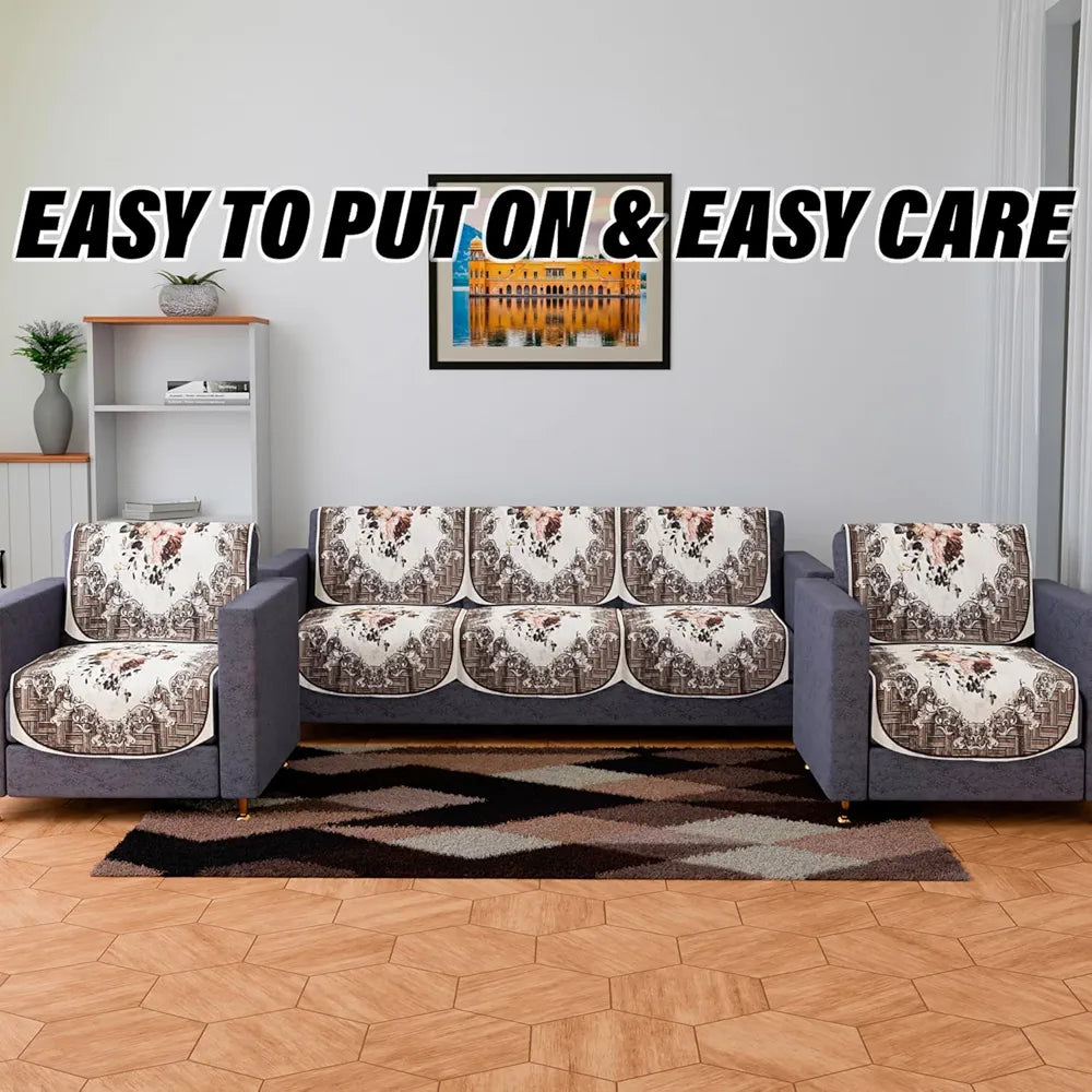 Kuber Industries Velvet Sofa Cover Set Brown Colour 5 Seater Couch Cover with Check Border Pattern