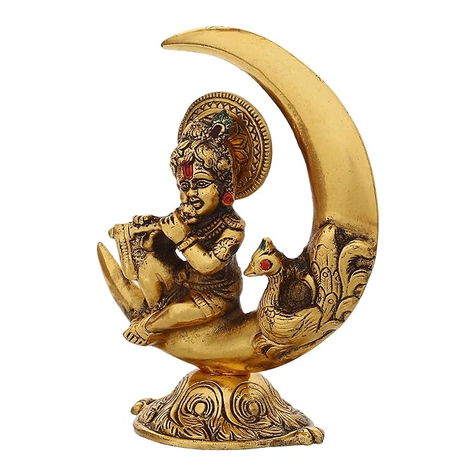 Ecraftindia Golden Metal Handcrafted Lord Krishna Idol Playing Flute and Sitting on Half Moon Decorative Showpiece