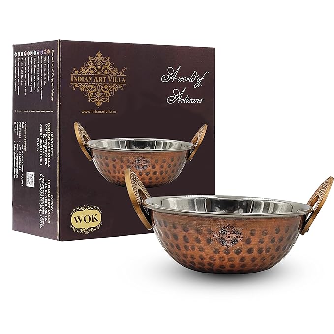 Indian Art Villa Hammered Antique Dark Finish Design Steel Copper Kadhai Wok | 700 ml