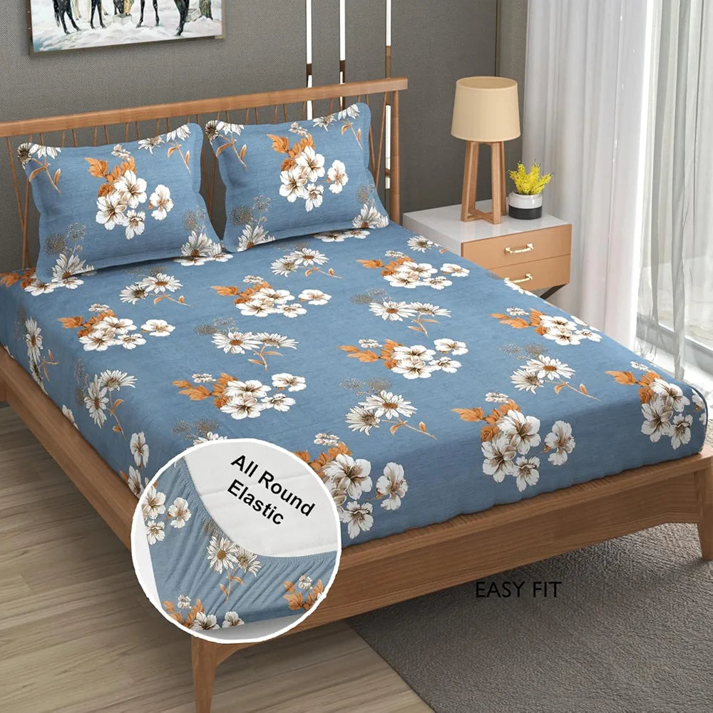 Fresh From Loom Floral Print Fitted King Size Bedsheet Set Microfiber 240 TC with 2 Pillow Covers Denim Floral Design Multicolor