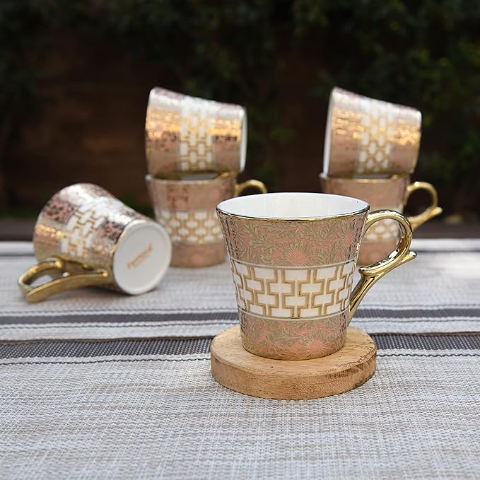 Femora Golden Daisy Finish Ceramic Tea Cups Coffee Mugs 6 Pcs Set - 600 gms