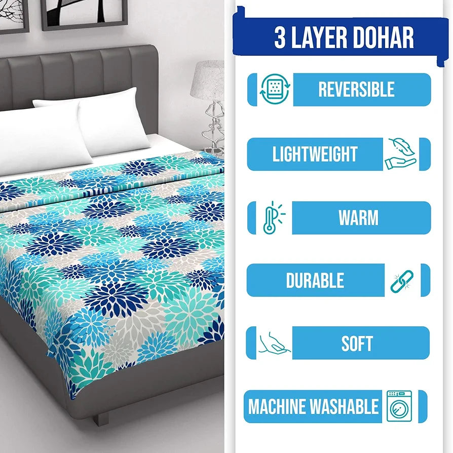 Divine Casa Floret 100% Cotton Single Dohar 120 GSM Soft & Lightweight Throw Blanket Colour Blue Aqua