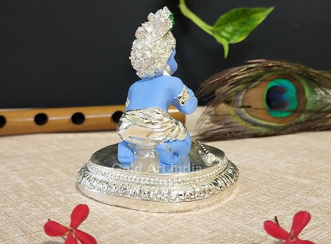 Gold Art India Ceramic Krishna Idol Standing Krishna Playing Basuri Flute Kanah JI Silver and Blue