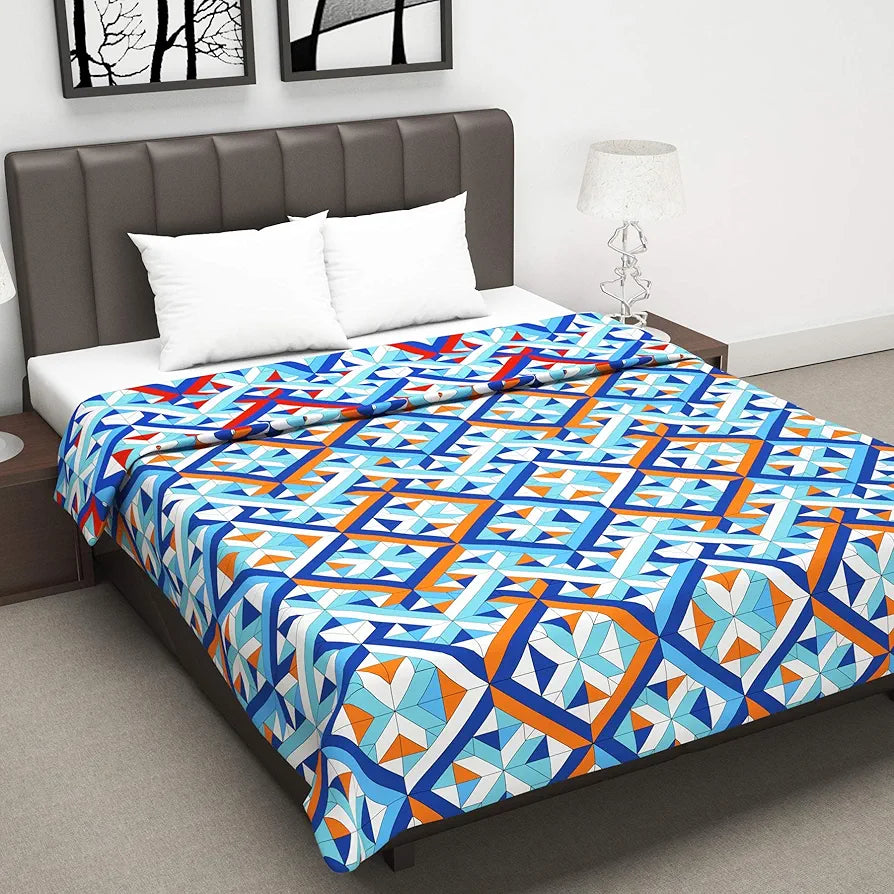 Divine Casa 120 GSM Microfiber Double Dohar Soft & Lightweight Throw Blanket Tessellate Pattern Colour Blue-Red & Orange