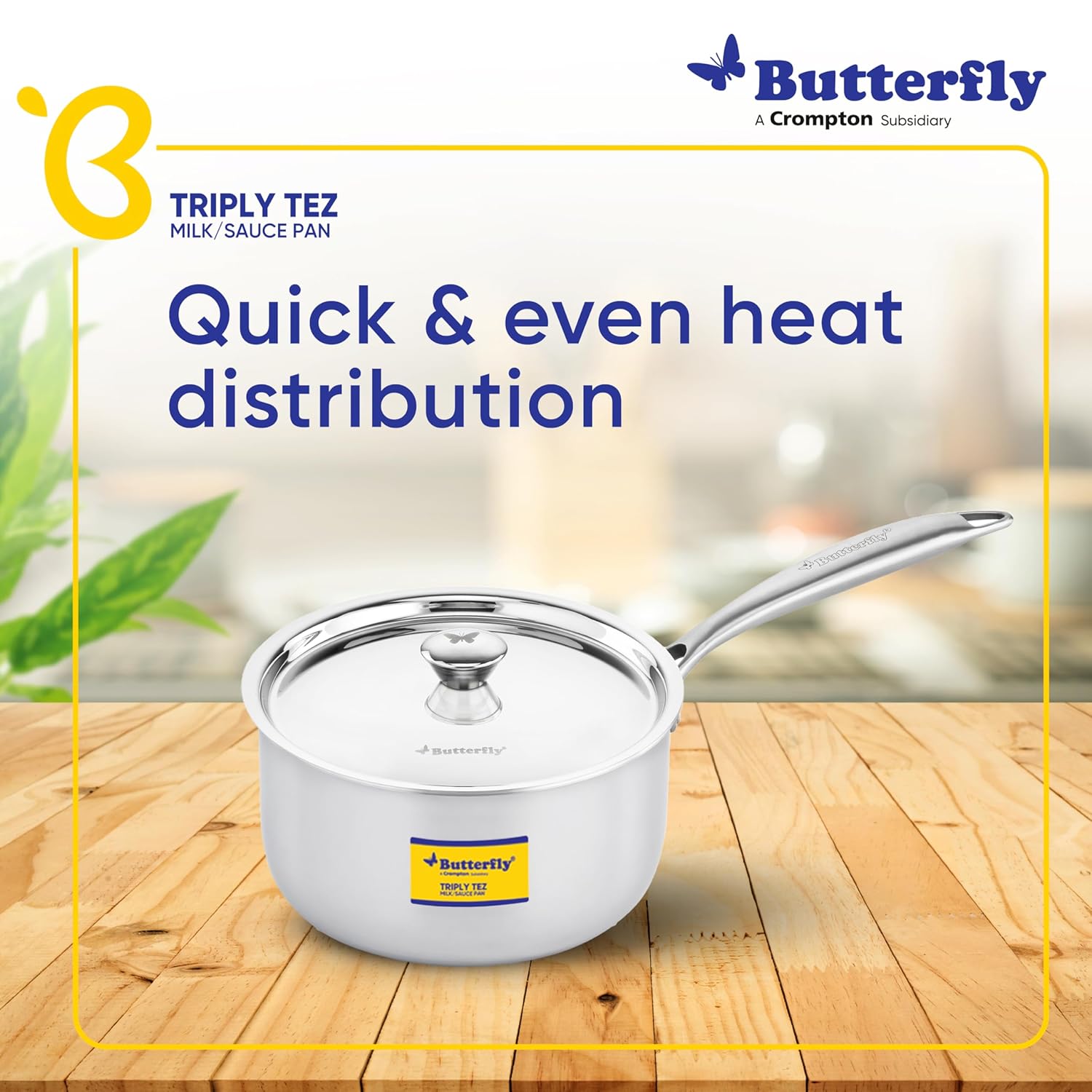 Butterfly Tez Triply Milk/sauce Pan With Ss Lid | 2.1 Litre| 18 Cm | Stay Cool Handle | Induction Compatible