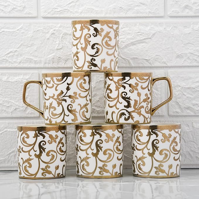 Femora Gloden Floral Motif Pattern Golden Tea Mugs, Ceramic | Coffee Mugs | 180 Ml | Golden | 6 Pcs Set | Not Microwave Safe