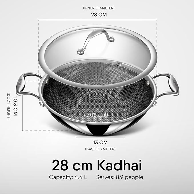 Stahl Artisan Hybrid Triply Non Stick Kadai With Lid | Stainless Steel Kadai | Triply Kadhai Metal Spatula Friendly | 4.4 L | 28 Cm