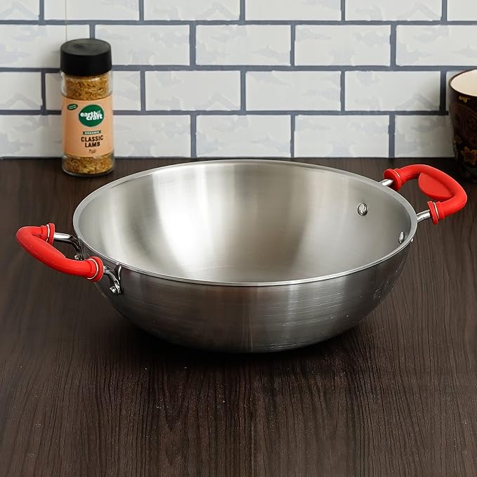 Femora Stainless Steel Zero Non-stick Coating Healthy Cooking Tri-ply Deep Frying Kadhai Pan With Silicone Handle | Silver | 26 Cm Capacity 3.2 Litres