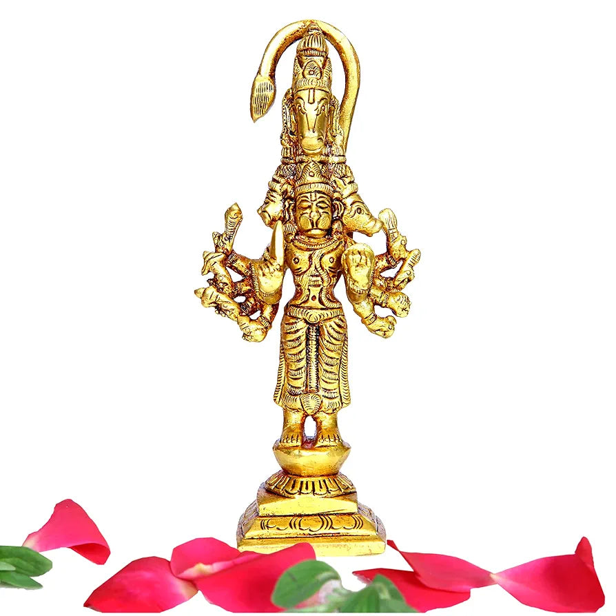 anciently Panchmukha Hanuman Standing Brass Idol | Standing Panchmukhi Hanuman Brass Statue | Standing Brass Panchmukhi Hanuman 13cm Height, Gold Colour