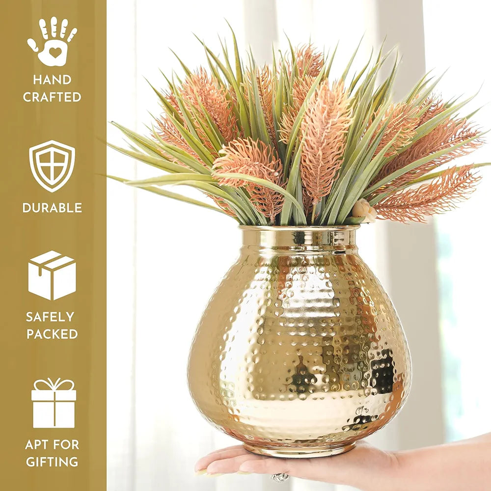 Behoma Matki Shape Metal Flower Vase Hammered Metal Flower Pot Golden Flowers not Included
