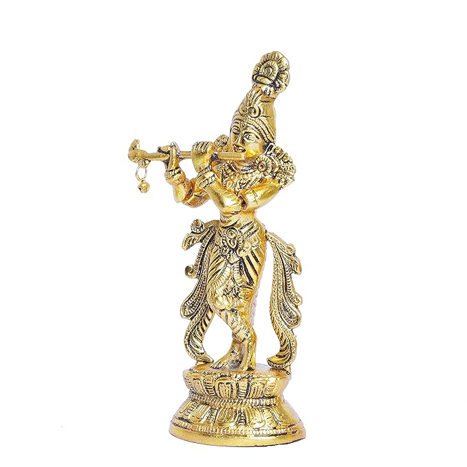 KridayKraft Lord Krishna Metal Statue Krishna Murti Playing Flute for Temple Pooja