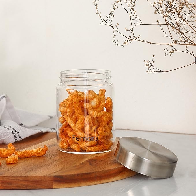 Femora Kitchen Storage Jars Borosilicate Glass With Steel Lid Air Tight Jar | 350 Ml | Pack of 2