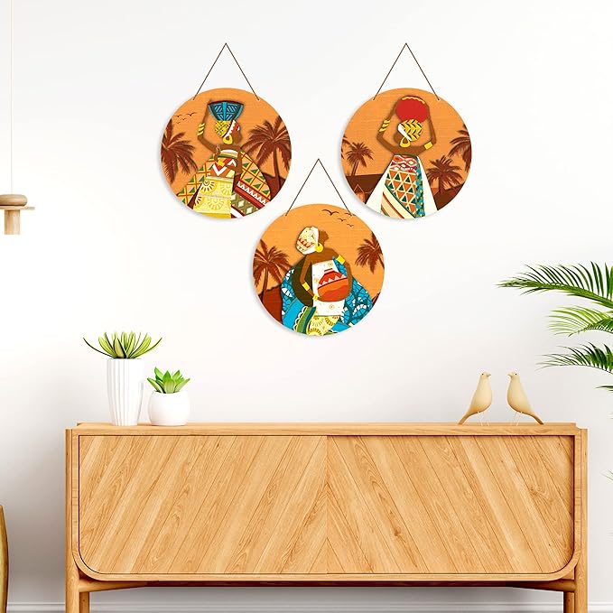 Artvibes African Warli Art Wooden Wall Hanger for Home Decor | Artwork Canvas Paintings