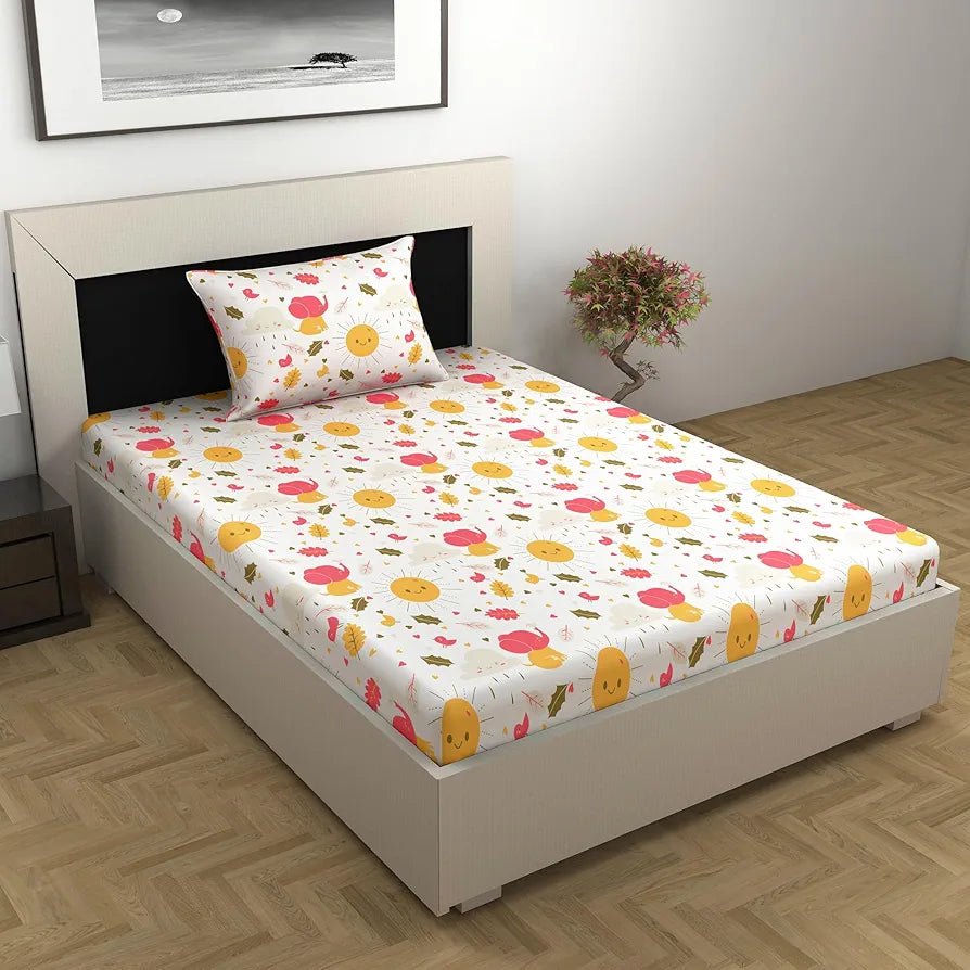 Divine Casa 144 TC 100% Cotton Single Bedsheet with 1 Pillow CoverAbstract Pattern Colour Marlin White
