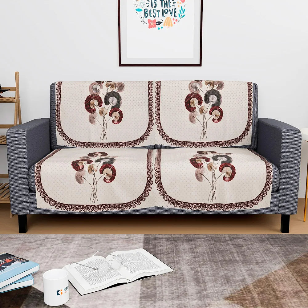Kuber Industries Set of 4 Velvet 2 Seater Sofa Covers for Living Room Digital Flower-Cream & Brown