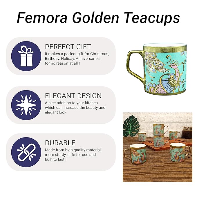 Femora Bone China Gloden Tea Cup | Wandering Peacock | 180 Ml