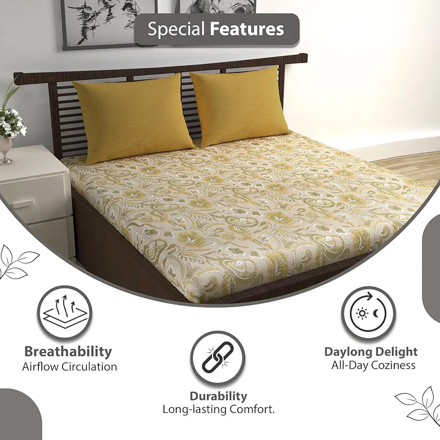 Divine Casa 144 TC 100% Pure Cotton Queen Size Double Bed Bedsheet with 2 Pillow Covers Floral Paisley Colour Mustard Beige