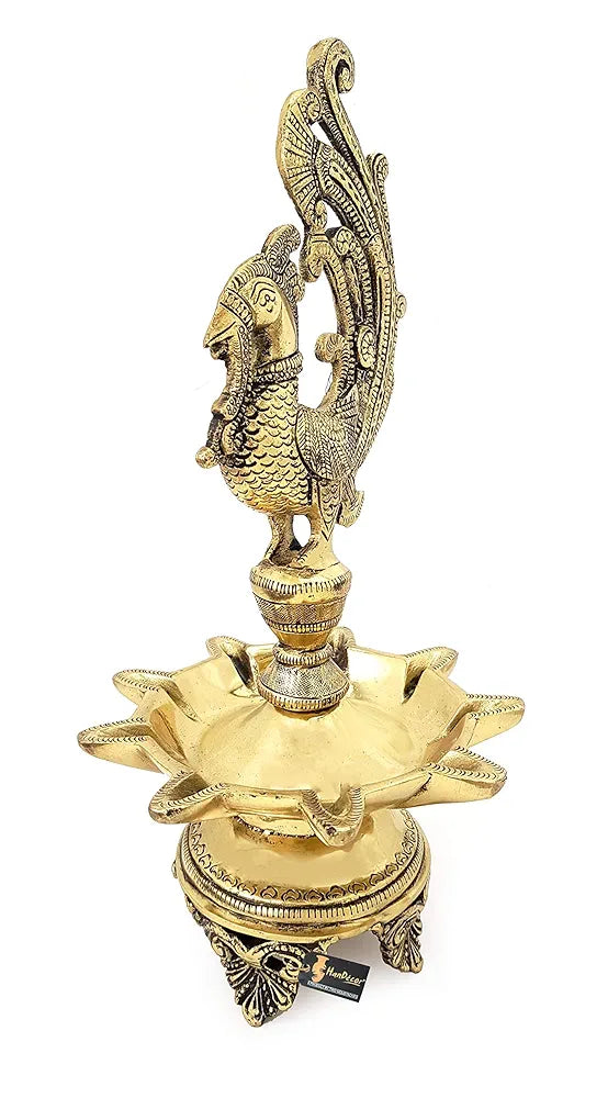 Two Moustaches Peacock Design 9 Oil Wick Brass Diya