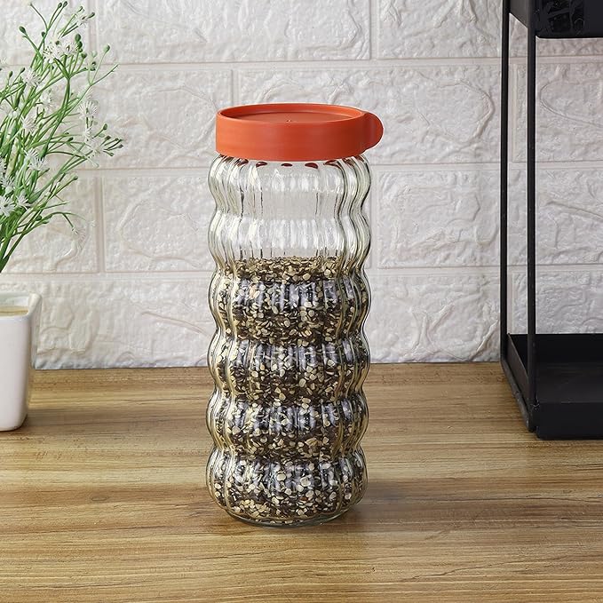 Femora Kitchen Storage Jars Clear Glass With Plastic Stackable Lid Jar | 1000 Ml | Set of 2