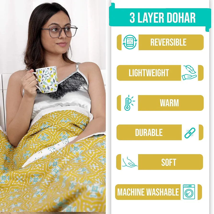 Divine Casa 120 GSM Cotton Reversible Dohar Single Bed Size Jaipuri Abstract Printed Cotton Blanket TC - 120 Colour Warm Olive and White