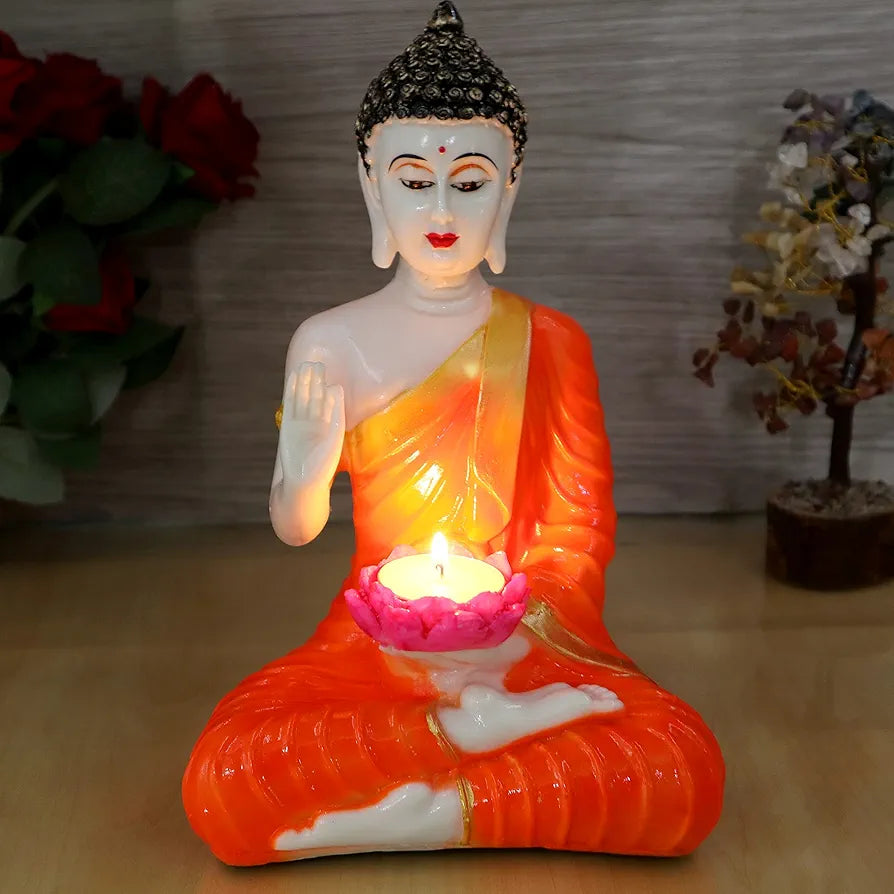 Jaipur Ace Orange Buddha Sitting With Tea Light in Hand Polyresin Idol