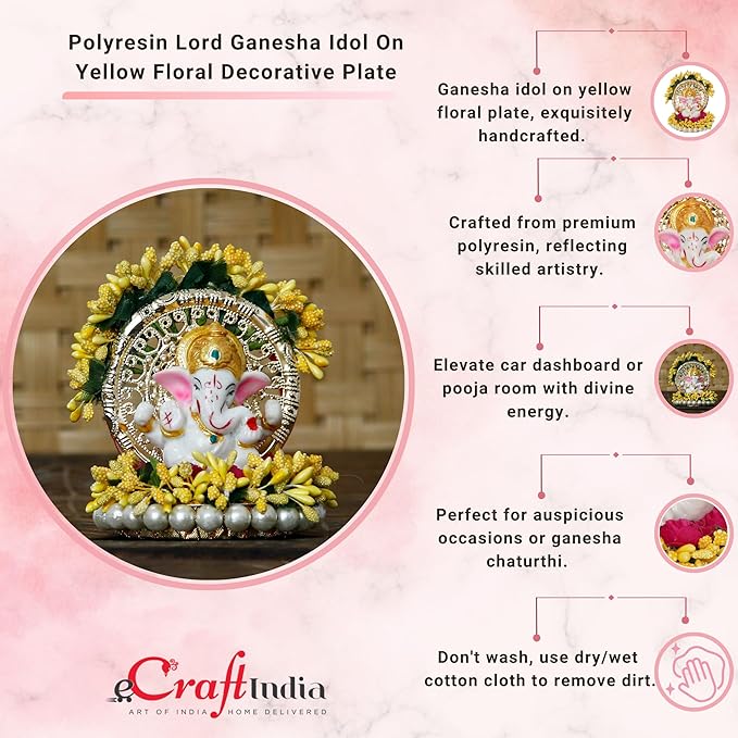 Ecraftindia Resin Handcrafted Lord Ganesha Idol on Yellow Floral Decorative Plate | Ganesha Idol