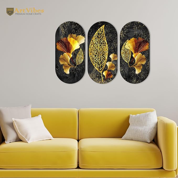 Artvibes Golden Flowers and Leaves Wooden Wall Hanger for Home | Set of 3