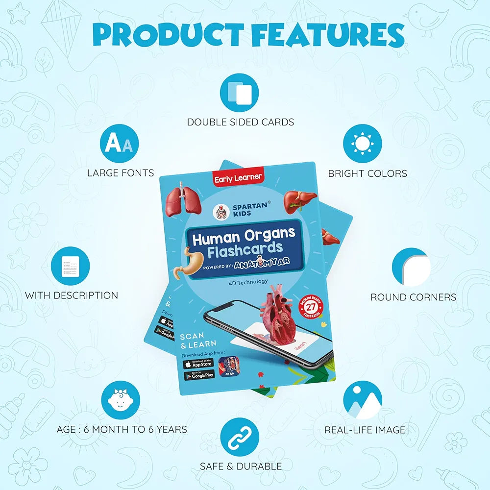 SPARTAN KIDS® Human Organs Flash Cards | Early Learning 4D Technology Flash Cards for Kids | 27 Augmented Reality Cards for Kids 3+ Years