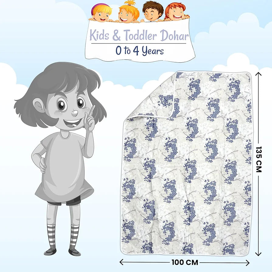 Divine Casa Floret 100% Cotton Single Kids Dohar 120 GSM Soft & Lightweight Throw Blanket Colour Grey Blue