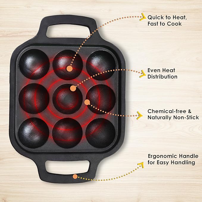 Solara Pre Seasoned Cast Iron Paniyaram Pan 9 Cavities 20 Cm Appam Patra, Paniyarakkal Pan | Cast Iron Cookware