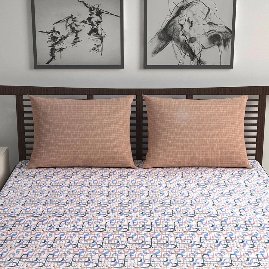 Divine Casa 144 TC 100% Pure Cotton Queen Size Double Bed Bedsheet with 2 Pillow Covers Wavy Pattern Colour Charcoal Blue